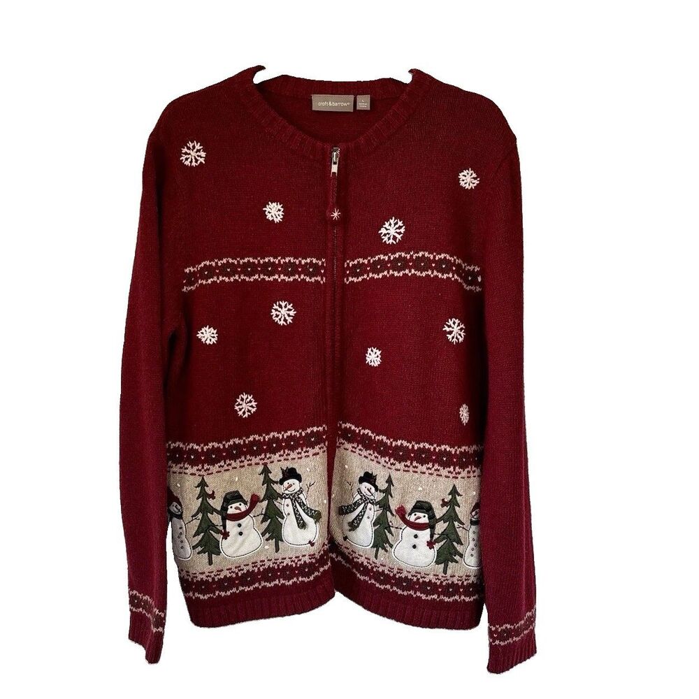 Croft & Barrow Snowman Snowflake Full Zip Sweater Silk Blend Maroon Red Large L
